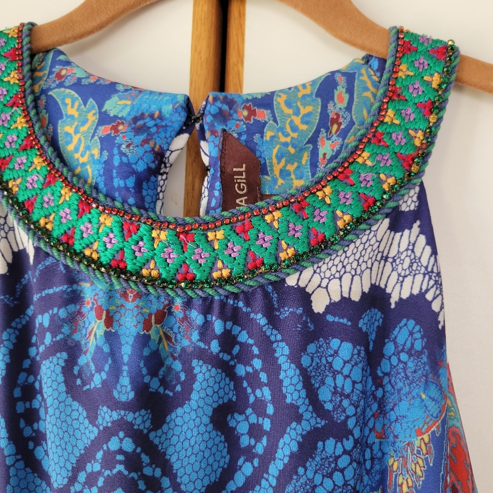Ranna Gill Boteh Maxi Dress 6 Pleated Embroidered Rhinestone Multicolor - Picture 9 of 13